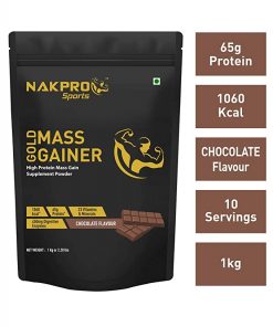 Nakpro Sports Gold Mass Gainer Protein Powder Supplement with Digestive Enzymes and Vitamin & Minerals   Chocolate (1 kg   10 Servings)