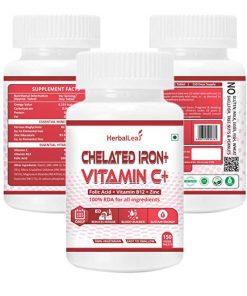 HerbalLeaf Chelated Iron with Vitamin C, B12, Folic Acid & Zn Supplement – 150 Veg Tablets for depression relieve