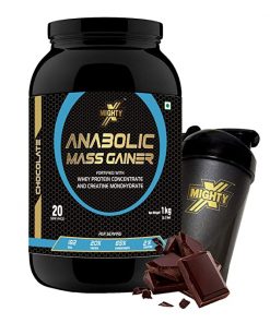 MightyX Anabolic Mass/weight Gainer Chocolate 1kg, 20 Servings [Free Shaker], Lean Mass Gainer| Mass Gainer Protein Powder | 20% Protein | 65% Carbs for weight gain