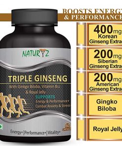 Naturyz Triple Ginseng (Red Korean Ginseng  American Ginseng  Siberian Ginseng) with Ginkgo Biloba  Vitamin B12 & Royal Jelly for Energy  Performance & Focus   60 Capsules