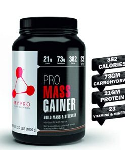 Mypro Sport Nutrition High Protein Pro Mass Gainer Supplement Powder (21g Protein,3g BCAA, 382g Calories, 73g Carbohydrates,23 Vitamins & Minerals, Creatine Monohydrate Total Serving  33 Scoops) Belgium Chocolate Flavor For Men & Women  1000 Gm/2.2Lbs for weight gain