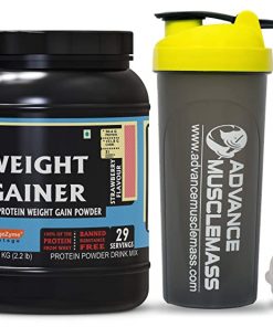 Advance MuscleMass High Protein Weight Gainer Supplement Powder with 700 ml Shaker (Strawberry, 1 kg/2.2 lb) for weight gain