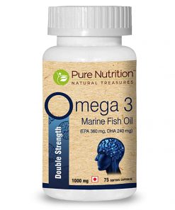 Pure Nutrition Omega 3 Double Strength Marine Fish Oil (1000mg Omega 3, with 360 mg EPA & 240 mg DHA) for brain, heart and eye health, 75 Softgel Capsules for depression relieve
